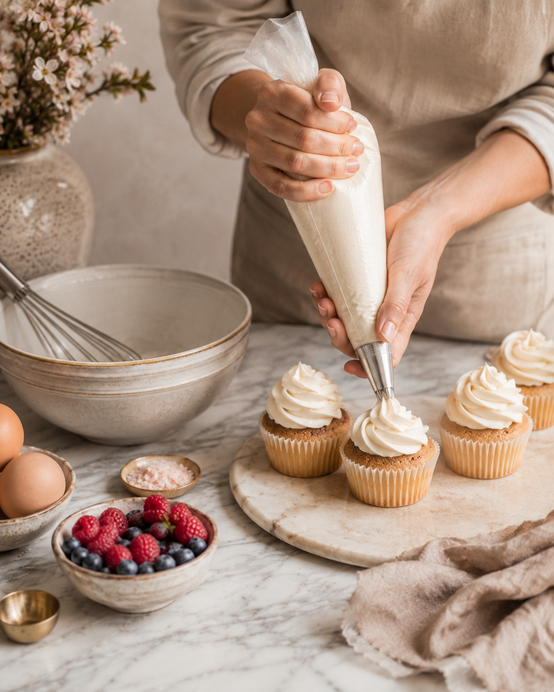 Piping cupcakes with premium baking supplies