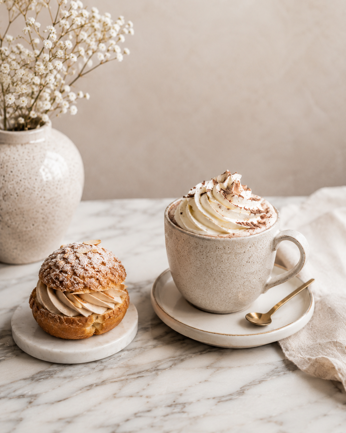 Hot chocolate and pastry cafe service